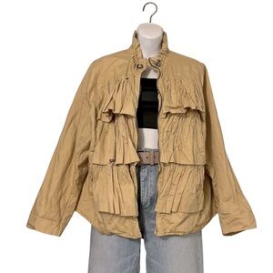 Gold Tiered Ruffle Metallic Zipper Lightweight Bomber Jacket